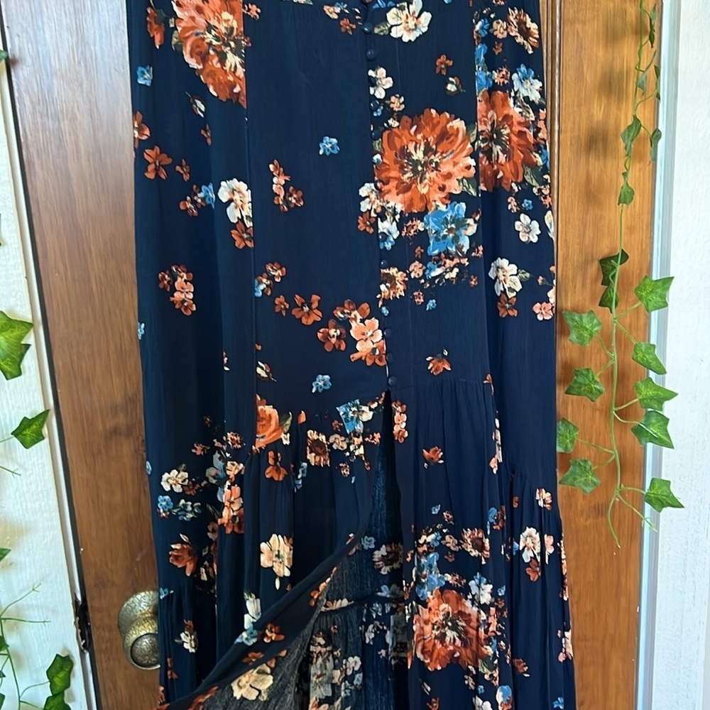 Boho Floral Button Front High Slit Flowy Maxi Skirt in Navy | L - Picture 2 of 8
